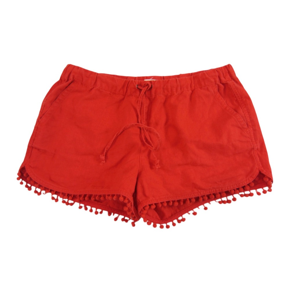 J CREW Red Linen Cotton PULL-ON SHORTS Drawstring Elastic POM POM HEM TRIM sz S